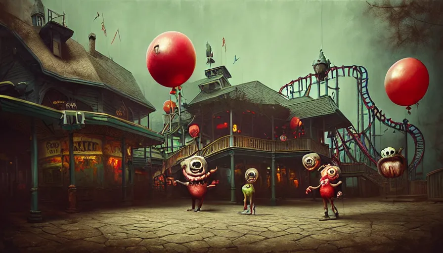 Prompt: michal karcz grunge painting of an amusement park, monster and horror theme. A monster is selling balloons to children. detailed elegant, intricate, 4k,