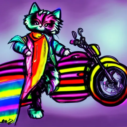 Image similar to wide angle full body, jacket wearing fluffy cute rainbow kitten wearing a black leather motorcycle jacket, riding on a motorcycle, cinematic concept art