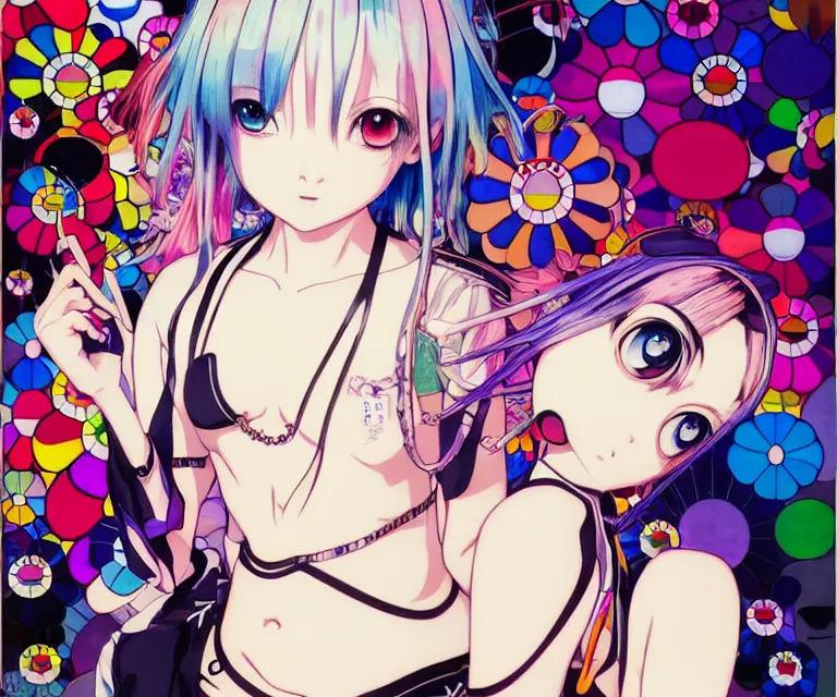 Image similar to takashi murakami, ilya kuvshinov illustration colorful anime portrait of reol on stage, murata range, fine detail, perfect anime girl in bikini, dramatic lighting, dynamic composition, moody, vivid, alphonse mucha, fine stippled lighting, grain, art deco, cel shading, kyoto animation, yoshinari yoh, last exile