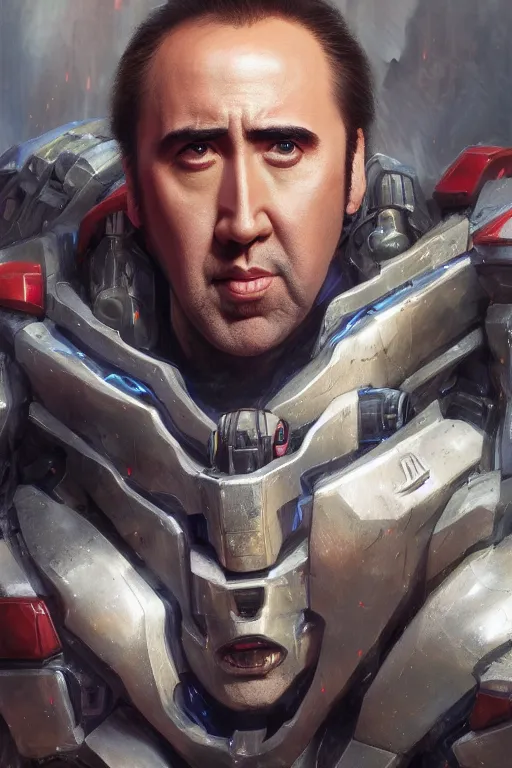 Image similar to Portrait of Nicolas Cage as super Mecha anime robot, intricate, highly detailed, smooth, artstation, digital illustration by Ruan Jia and Mandy Jurgens and Artgerm and Wayne Barlowe and Greg Rutkowski and Zdislav Beksinski