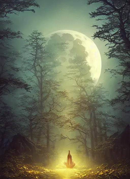 Image similar to fantasy book cover, full moon, fantasy forest landscape, golden vector elements, fantasy magic, dark light night, intricate, elegant, sharp focus, illustration, highly detailed, digital painting, concept art, matte, art by WLOP and Artgerm and Albert Bierstadt, masterpiece