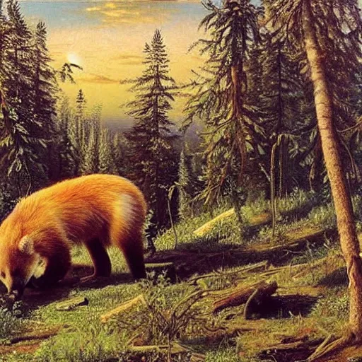 Prompt: shishkin's painting, morning in a pine forest. but instead of bears there are foxes. the picture is over - detailed. canvas, oil. what is a masterpiece.