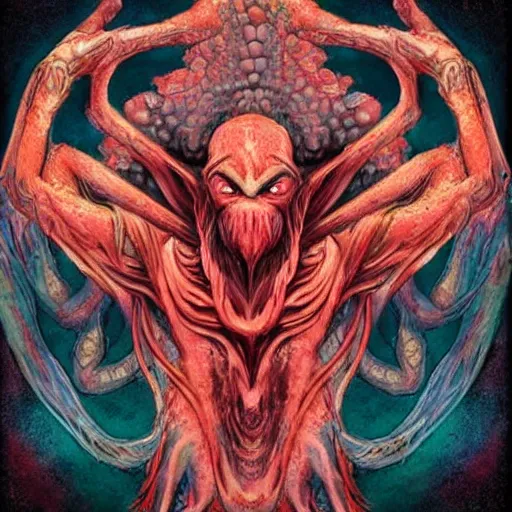 Image similar to 4 k colored headshot of godlike cthulhu with defined arms and open hands and bloody clothes with giant mandala wings, intricate face, flawless anime cel animation by kentaro miura, psychedelic, highly detailed upper body, professionally post - processed, beautiful, scary, symmetry accurate features, epic, octane rendered, anime masterpiece, accurate