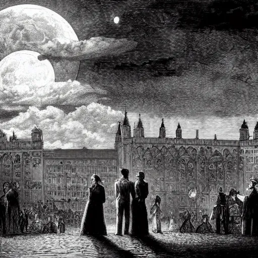 Image similar to Drawing of the city Mainz, gentleman, victorian ladies, dramatic clouds, moon, depth, Chiaroscuro, illustration by Gustave Doré