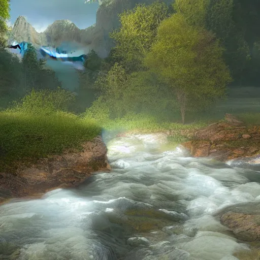 Prompt: photorealistic valley with rainbow river , volumetric lightning