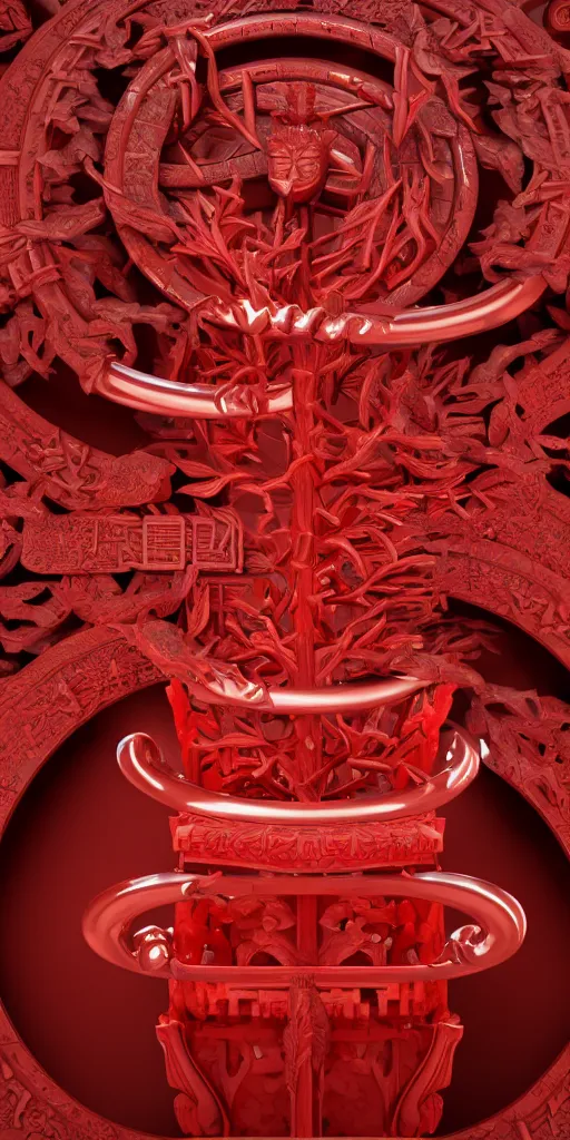 Image similar to 3 d render of a carved red torii gate sculpture, chrometype, made of liquid metal, neotribal with thorns and thunders, japanese temple, raytraced, volumetric lightning, 8 k, by zhelong xu, ouchh and and innate studio