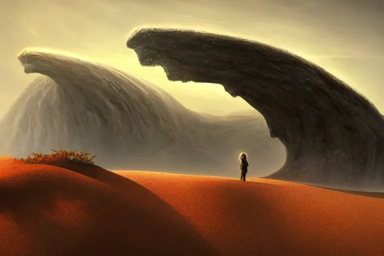 Image similar to cinematic fantasy landscape painting, an eclipse, over an autumn maple bonsai grows on a desolate sand dune in front of a primordial mountainous landscape by hr giger and jessica rossier