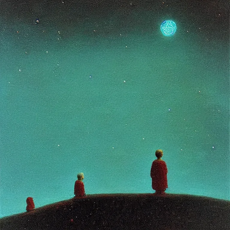 Image similar to a small figure staring at the stars, warn lighting, glowing, arkhip kuindzhi painting, teal palette, eschaton