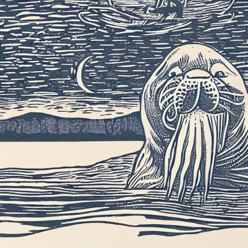 Image similar to freya the walrus in heaven, linocut