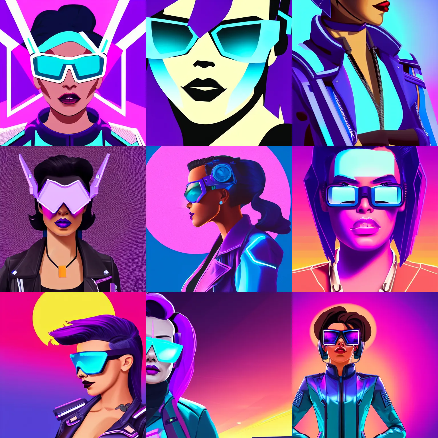 Prompt: closeup portrait of sombra from overwatch with light blue shutter shades in front of a sunset, a dark purple leather jacket, one side brown haircut with blue tips, vector art by jan tengnagel, pixabay contest winner, retrofuturism, retrowave, synthwave, outrun, portrait, synthwave