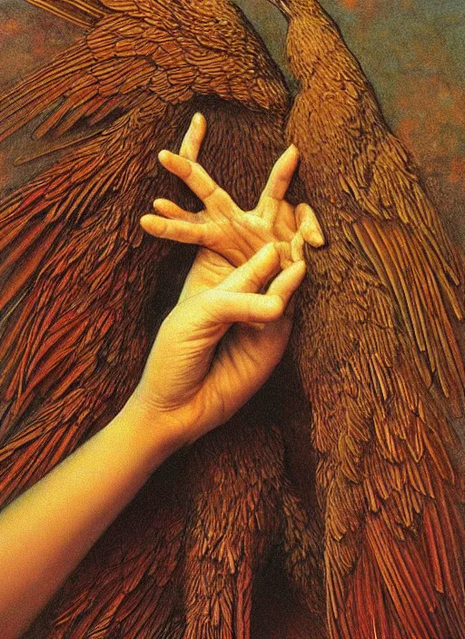 Image similar to a bird with two human hands, hyperrealism, no blur, 4 k resolution, ultra detailed, style of carlos schwabe