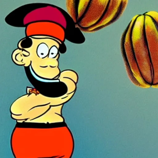 Prompt: a ripe papaya dressed as popeye the sailor man