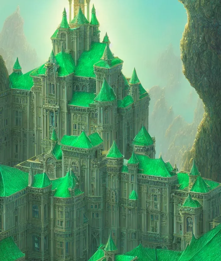 Image similar to a detailed digital painting of a palace made of gleaming emeralds, by moebius and tyler edlin and lee madgwick, trending on artstation, digital art, 4 k resolution, detailed, beautiful render, octane render, high quality, sharp focus, hq artwork, coherent, insane detail, concept art