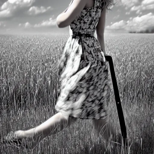 Prompt: longshot view realistic photograph of a woman with heavy makeup who is wearing a floral sleeveless sundress and holding a suitcase while running through a field, raytracing reflections, 8 k, hyperrealistic, insanely detailed, hdr, octane render, uhd, tintype, deckle edge, motion blur, expired black and white film, by francesca woodman