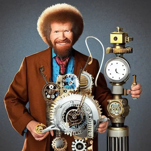 Prompt: Bob Ross as a clockwork robot steampunk style, highly detailed, intricate, various gears, studio lighting, award winning, by Chris Cole, Ken Draim, David Bowmen