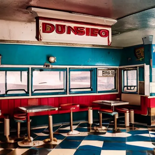 Image similar to an abandoned 1 9 5 0 s diner, pristine condition, kenopsia