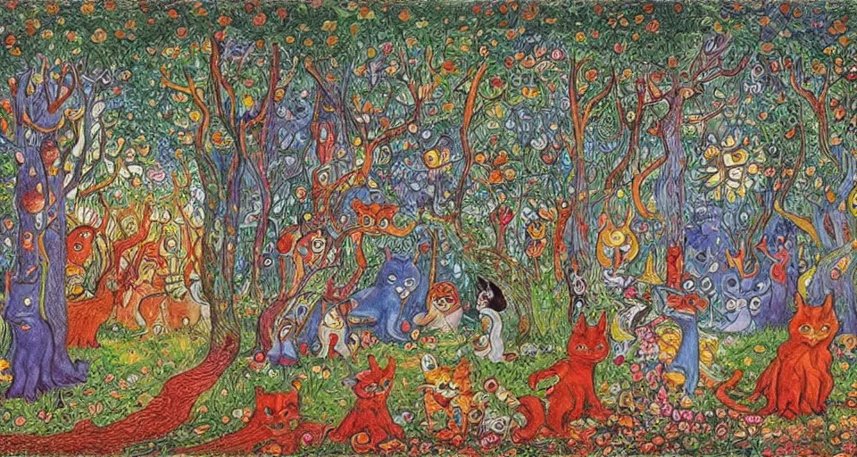 Image similar to Enchanted and magic forest, by Louis Wain