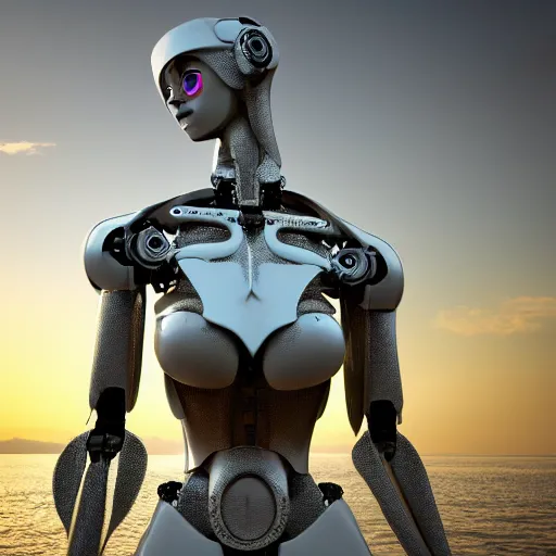 Prompt: beautiful Fine art photography of a solarpunk part robot part human girl with real human face and torso, white background, highly detailed, medium shot, photorealism, sunset lighting 8k