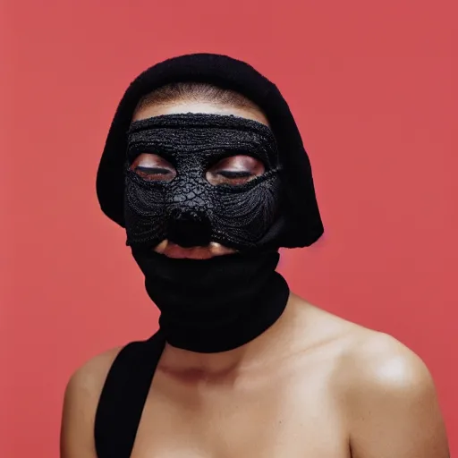 Image similar to realistic photoshooting for a new balenciaga lookbook, dark, color film photography, portrait of a beautiful woman, model is wearing a balaclava mask, in style of tyler mitchell, 3 5 mm,