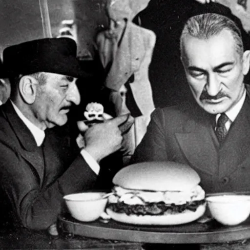 Prompt: mustafa kemal ataturk eating mcdonalds