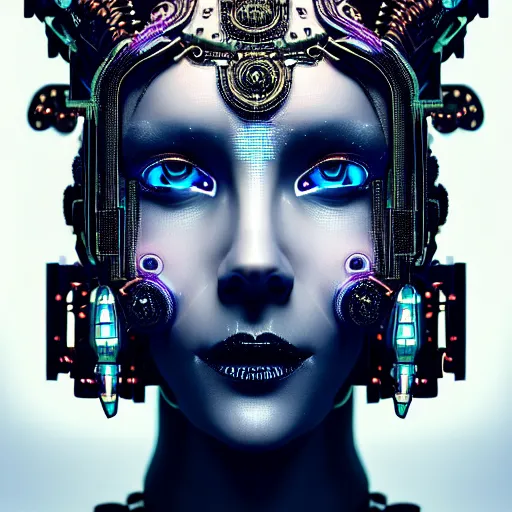 Prompt: portrait of an absurdly beautiful, graceful, sophisticated, fashionable cyberpunk mechanoid gravure idol, hyperdetailed illustration by irakli nadar, matt wisniewski style, intricate linework, dark black skin, iridescent fractal headdress, day - glow facepaint, unreal engine 5 highly rendered, global illumination, blue light, detailed and intricate environment