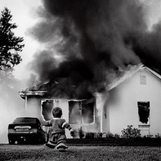 Prompt: child running, away from a house fire, kodak tri-x style, portrait, moody lighting