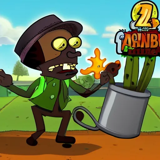 Image similar to a photo of Crazey Dave Blazing III from plants vs zombies wearing a pot on his head and watering his plants at the golden hour