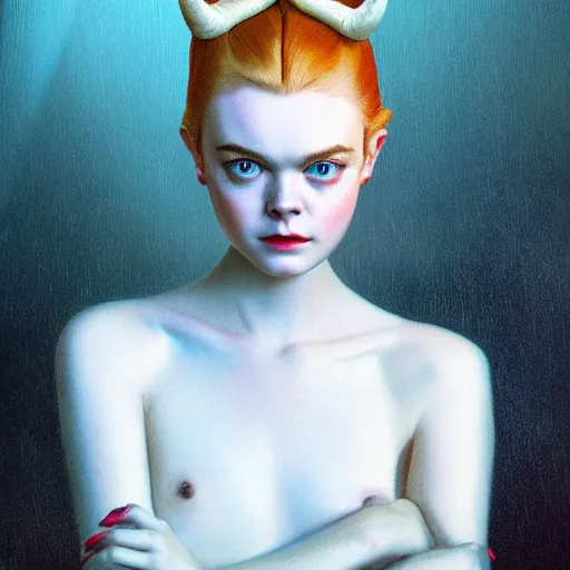 Image similar to Elle Fanning with devil horns in the style of Paola Vetri, head and shoulders portrait, stormy weather, extremely detailed masterpiece, oil on canvas, low-key neon lighting, artstation, Blade Runner 2049, Roger Deakin’s cinematography, by J. C. Leyendecker and Peter Paul Rubens and Edward Hopper and Michael Sowa,