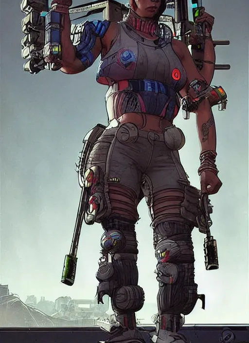 Prompt: apex legends cyberpunk weight lifter. concept art by james gurney and mœbius. cinematic, dramatic lighting ( cyberpunk 2 0 7 7 ), clean aesthetic