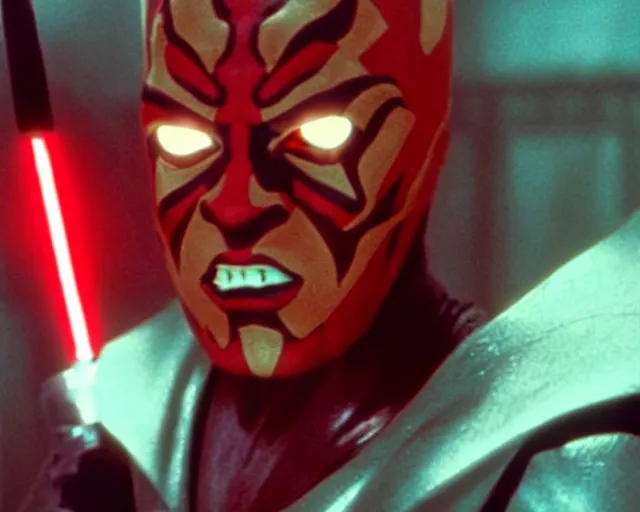 Image similar to Film still of Pikachu as Darth Maul from the movie Star Wars the phantom menace. Photographic, photography