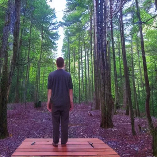 Prompt: meditator in the woods with tall trees, in style of Tomas Sanchez