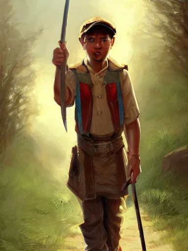 Image similar to a handsome juvenile holding a adorned cane. walking in a rural area. intricate, elegant, highly detailed, digital painting, artstation, concept art, sharp focus, illustration, by justin gerard and artgerm, 8 k