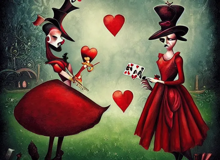 Prompt: alice joins a game of croquet with the queen of hearts, dramatic, art style megan duncanson and benjamin lacombe, super details, dark dull colors, ornate background, mysterious, eerie, sinister