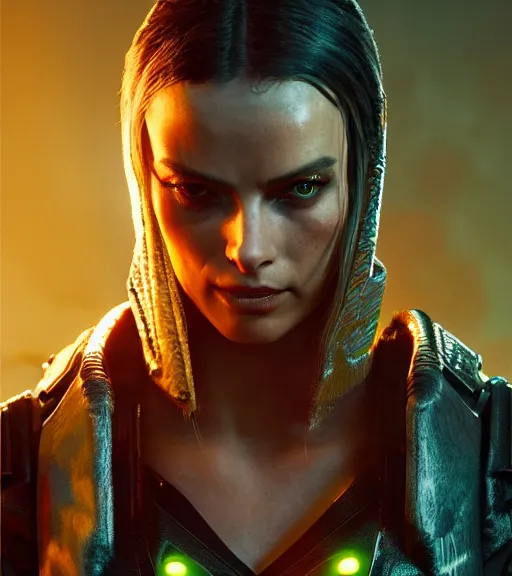 Image similar to cyberpunk 2 0 7 7, charismatic rugged female battle margot robbie - mage portrait, clothed in hooded, metal - plated battle armor atmospheric lighting painted intricate volumetric lighting, beautiful, sharp focus, ultra detailed by leesha hannigan, ross tran, thierry doizon, kai carpenter, ignacio fernandez rios