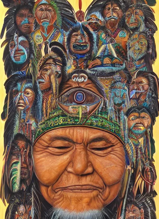 Image similar to faces of indigenous amazonian grandfathers and grandmothers spirits in the clouds, smiling, protection, benevolence, ancestors, detailed faces, symetrical, religious painting, art by alex gray