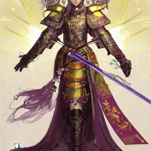 Image similar to beautiful and divine and holy and elite and colorlpunk three kingdom chinese female armor knight portrait like twice tzuyu+shinnyy eyes+front face with light flowing hair, ultradetail face, art and illustration by tian zi and craig mullins and WLOP and alphonse mucha, fantasy, intricate complexity, human structure, human anatomy, fantasy character concept, watermark, blurry, hyperrealism 8k