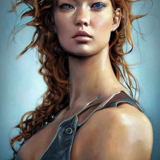 Image similar to portrait of a girl by simon bisley, mixture between doutzen kroes and gigi hadid, she is about 2 5 years old, long curly hair, very tall and slender, she is wearing a battle mech suit, highly detailed portrait, digital painting, artstation, concept art, smooth, sharp foccus ilustration, artstation hq