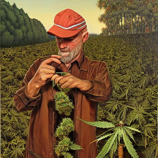 Image similar to alex gray painting of a man harvesting a cannabis plant