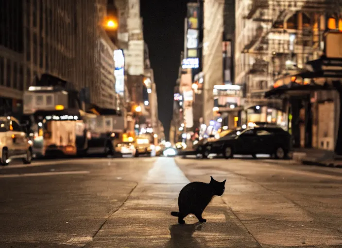 Image similar to photography of a Cat being carried in a backpack . in a new york street. award winning photo, led lighting, night, 130mm, sharp, high res