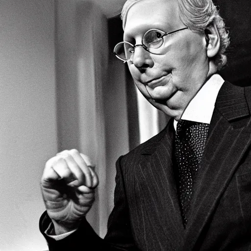 Image similar to the melting slimy face of villain mitch mcconnell flesh monster. horror film production photograph.