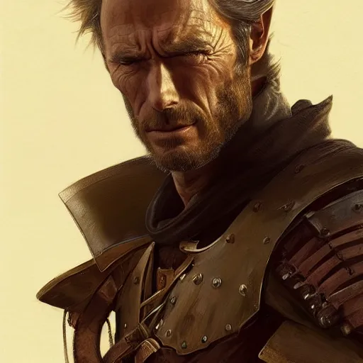 Prompt: rugged male knight, young clint eastwood, headshot, D&D, painted fantasy character portrait, highly detailed, digital painting, artstation, concept art, sharp focus, illustration, art by artgerm and greg rutkowski and alphonse mucha