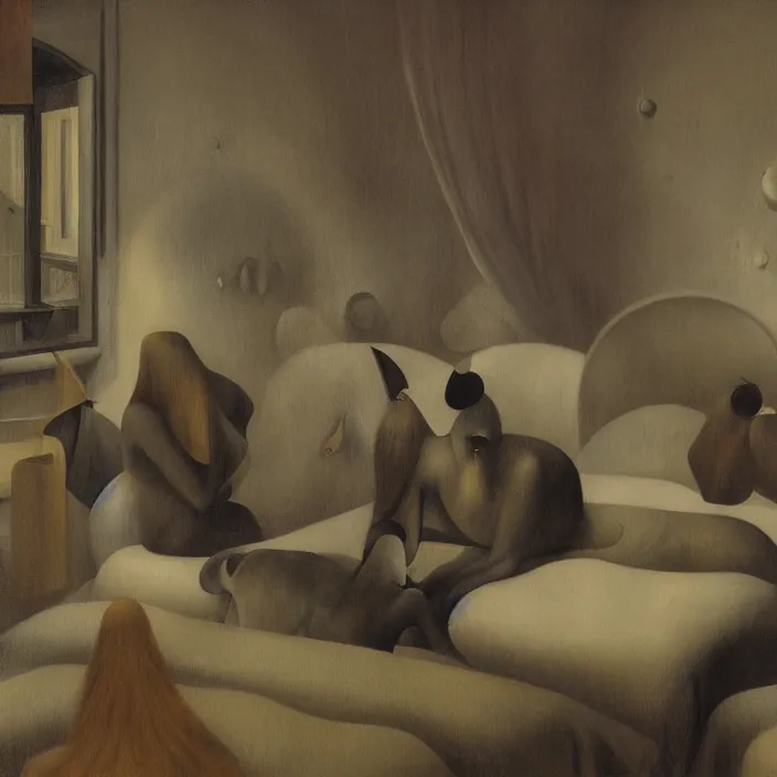 Image similar to group of creatures with distinct personalities, in an urban hotel room, close - up of the faces : : surreal architecture, chiaroscuro lighting, mysterious atmosphere : : oil painting by leonora carrington, hieronymus bosch and edward hopper, ultra - detailed technical precision : : matte painting, high definition, octane render, unreal engine, 8 k