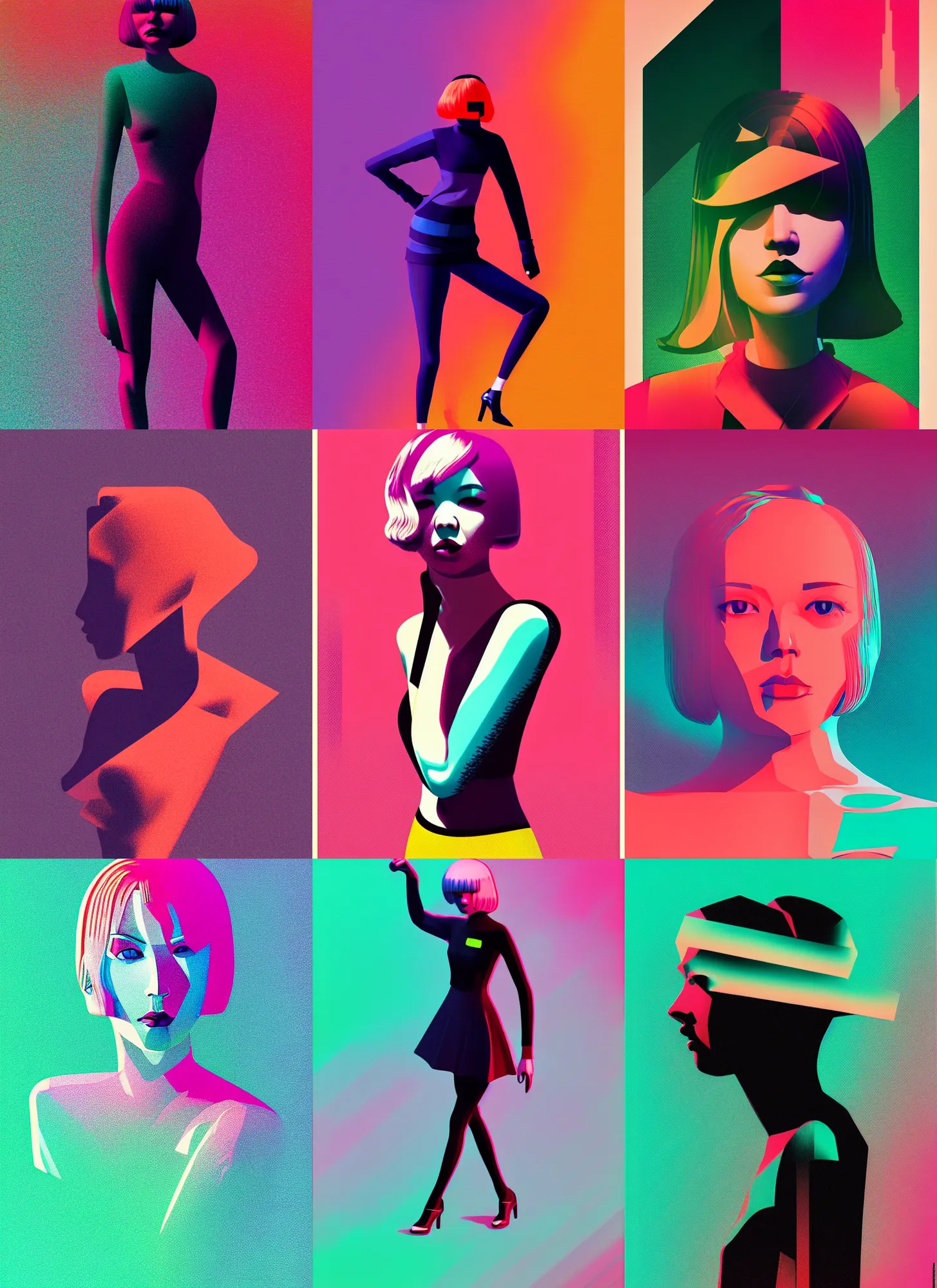 Prompt: ( ( strong dither ) ), editorial illustration full body portrait of reol, dynamic pose, retro color, modern art deco, mads berg, christopher balaskas, dynamic composition, detailed, matte print, halftone, muted color, wide angle, lomography, risograph gradient, volumetric