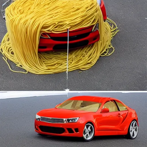 Prompt: car made out of spaghetti