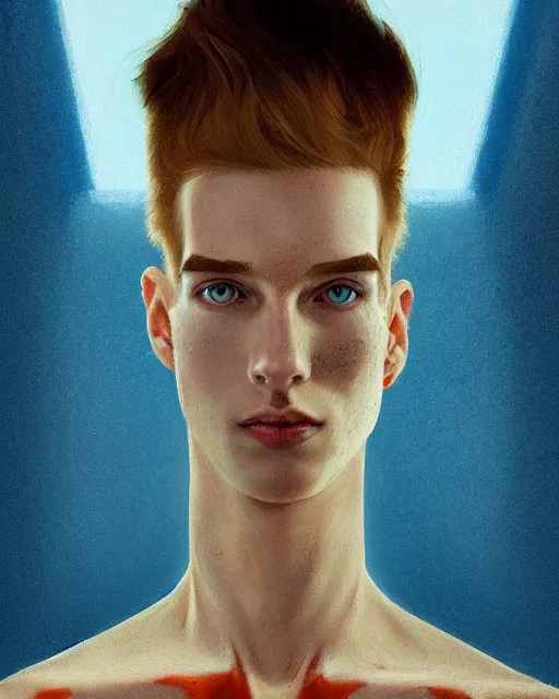 Image similar to symmetry!! portrait of tall, thin, 1 5 - year - old boy with a long nose, a lot of freckles, fiery red hair, and bright blue eyes, highly detailed, digital painting, artstation, concept art, smooth, sharp focus, illustration, art by artgerm and greg rutkowski and alphonse mucha