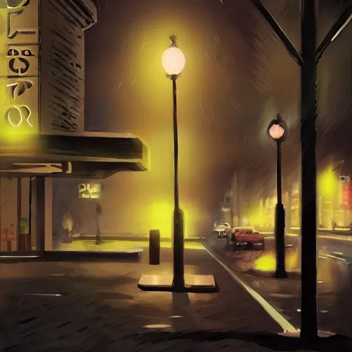 Image similar to dark city bus stop, by Keiko Tanabe,very detailed,ArtStation