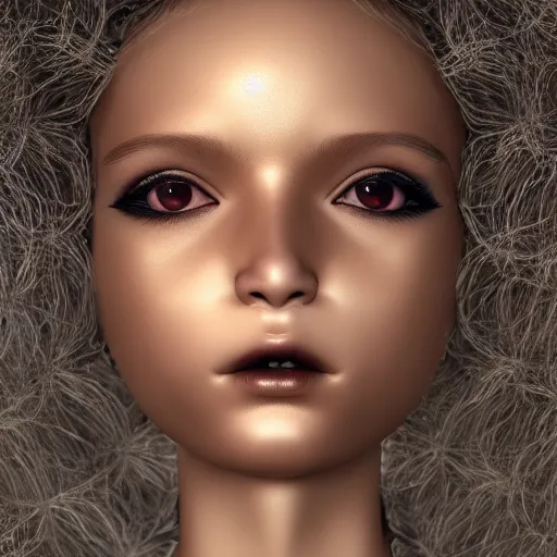 Image similar to beautiful ball jointed doll face head, long shiny hair, intricate detailed, sharp focus, octane render, high quality, Symmetrical composition, 8k, volumetric lighting, on black background