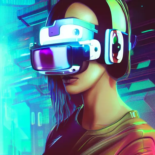 Image similar to cyberpunk concept cool girl cyborg bot, cinema 4 d, galaxy, ufo, space sci - fi, wearing vr goggles, illustration, portrait, pastel neon textured background night, trending on artstation, greg rutkowski, octane rendered, 1 2 k, detailed,