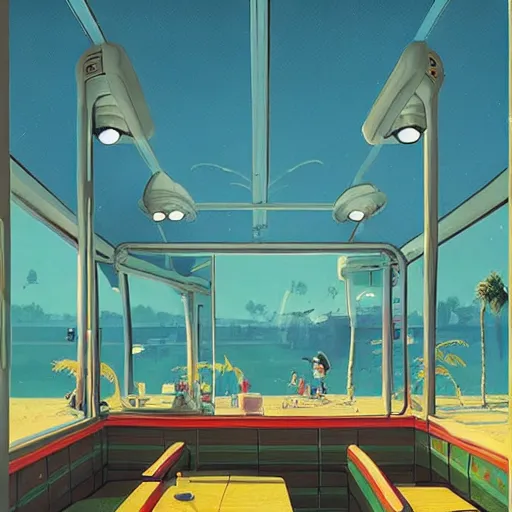 Image similar to inside diner at the beach and palm trees by simon stalenhag