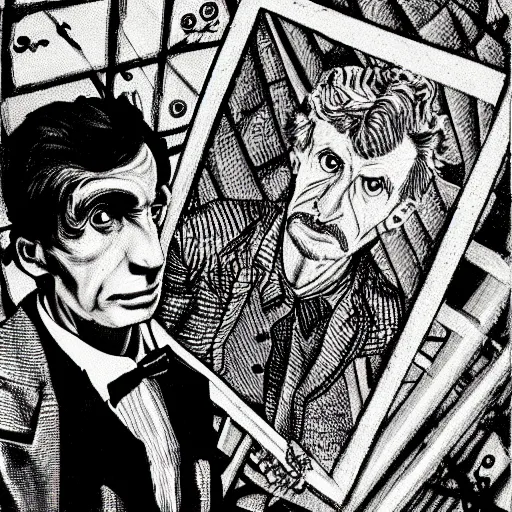 Image similar to portrait of doctor who, mash - up between mc escher and vincent van gogh, comic panel